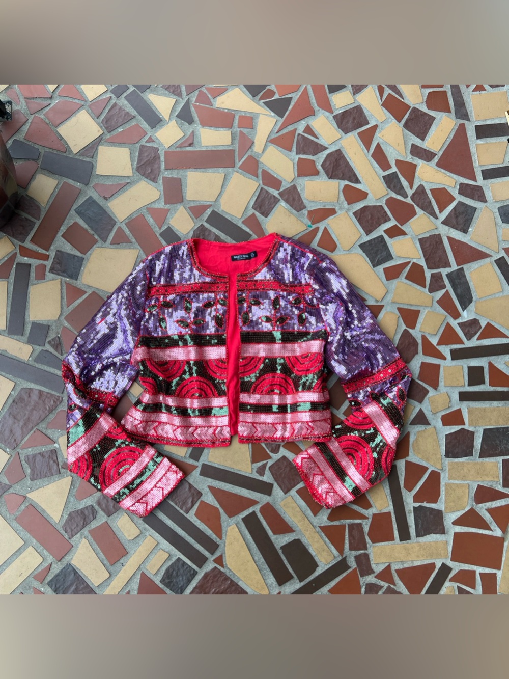 Y2K Nasty Gal Red Sequin Beaded Statement Jacket